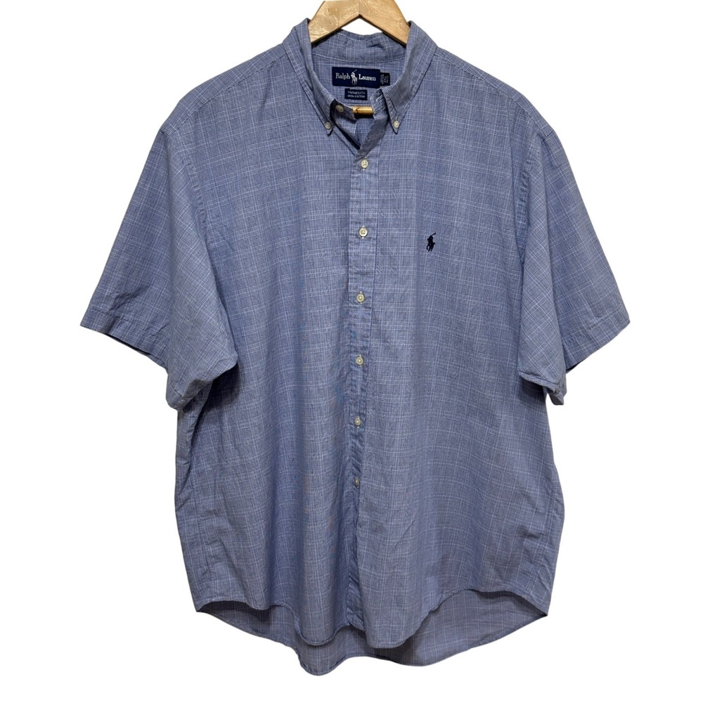 Ralph Lauren Button Down Shirt 17.5 XL Blue Plaid Short Sleeve Yarmouth Cotton